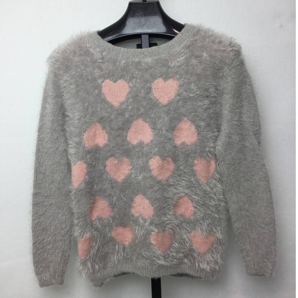 Maddison Pullover Sweater Womens Large Fluffy Gray Pink Hearts